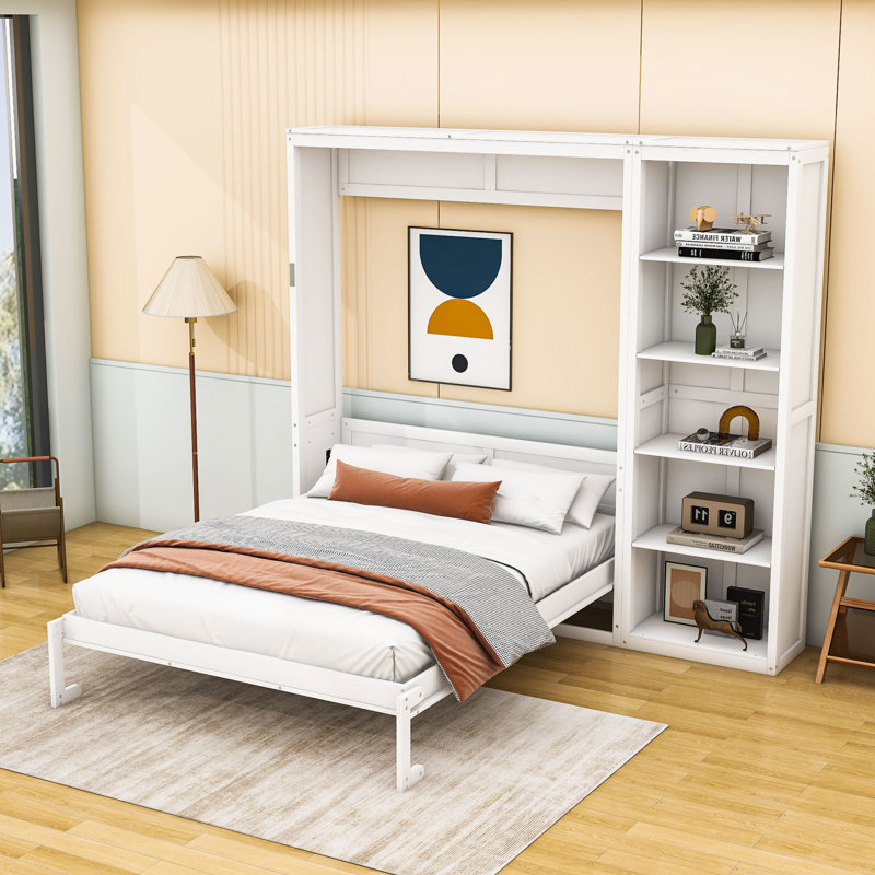 Lit escamotable avec tablettes Mcfeeters, Double, Blanc