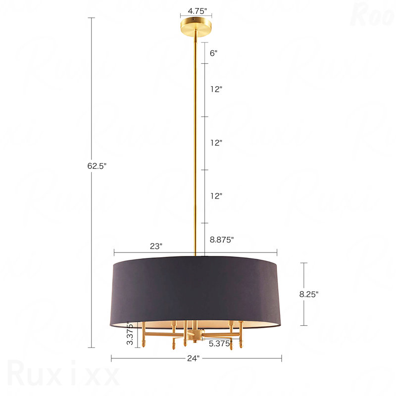 Lustre - configuration 5 lumières, abat-jour tambour, Noir