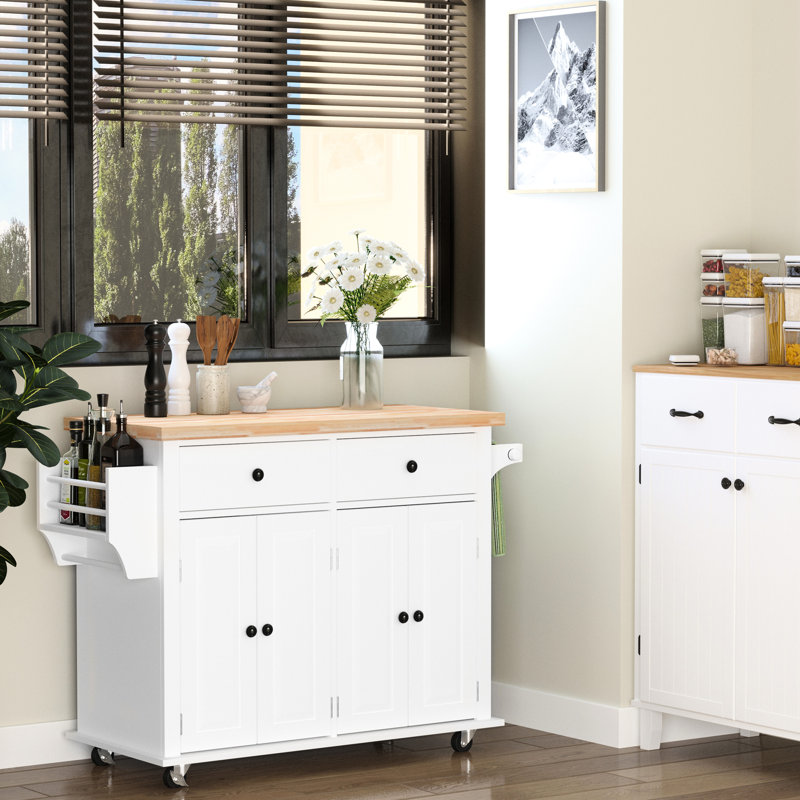 White Kitchen Island Cart With Locking , Storage Cabinets, And Worktop - Stable Furniture Cart, White, Robust Rubberwood Surface, Spice Rack, Towel Rack Ample Drawer Capacity For Organization