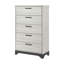 Commode haute Wly, 5 tiroirs avec poignées noires, chêne blanc et gris