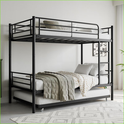 Twin Over Twin Metal Bunk Bed with Trundle &amp; Ladder, Noise-Free, No Box Spring Needed, Black