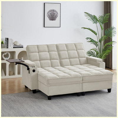 Canapé-lit convertible convertible, canapé multifonctionnel rembourré en tissu moelleux avec porte-gobelet intégré, dossier réglable à 6 positions, ports de charge USB, table d'appoint pivotante pour les petits espaces de la chambre à coucher, gris