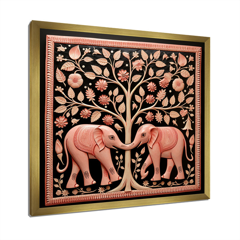Art indien, éléphants de Jaipur 3 - Art mural indien, Cadre doré simple, H 30 po x l 30 po x P 1,5 po