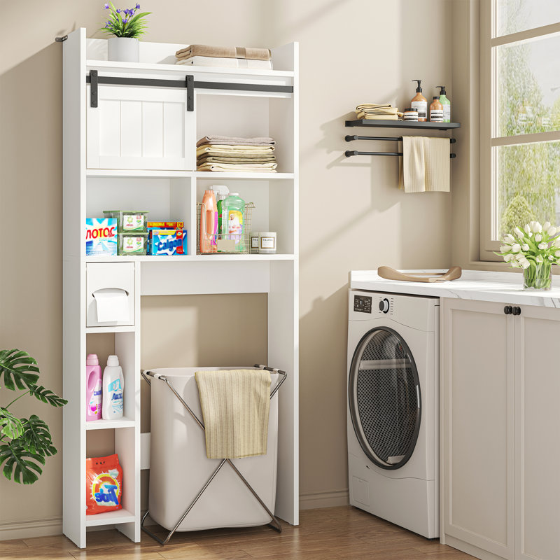 Bathroom Over-The-Toilet Storage Cabinet With Sliding Door, 7.5" Depth Space-Saving Organizer With 3-Tier Shelves & Toilet Paper Holder
