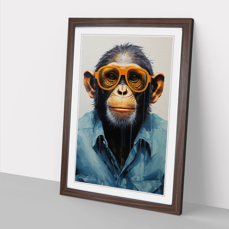 Monkey With Glasses Painting - Single Picture Frame Print on Wood, Walnut, 46cm H x 34cm W x 2cm D