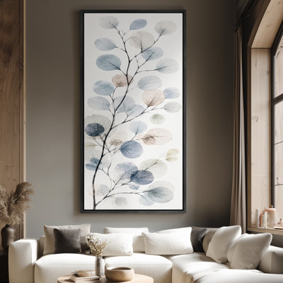 Grande toile murale encadrée, décor botanique d'eucalyptus bleu doux - 60 po x 20 po, 60 po x 30 po