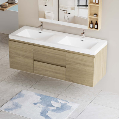 Meuble-lavabo flottant avec lavabo, meuble-lavabo mural moderne avec lavabo en résine et deux tiroirs à fermeture en douceur