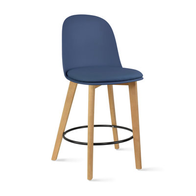 Seat Height Molded Plastic Modern Counter Stools with Backs and Cushion Armless Natural Legs Wood Eiffel Legs, Blue