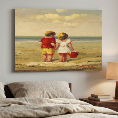 Little Boy and Girl Holding Hands at Beach Canvas Wall Art, Vintage Seaside Oil Painting Print on High-Weight Canvas with Pine Inner Frame, Coastal Nautical Wall Decor
