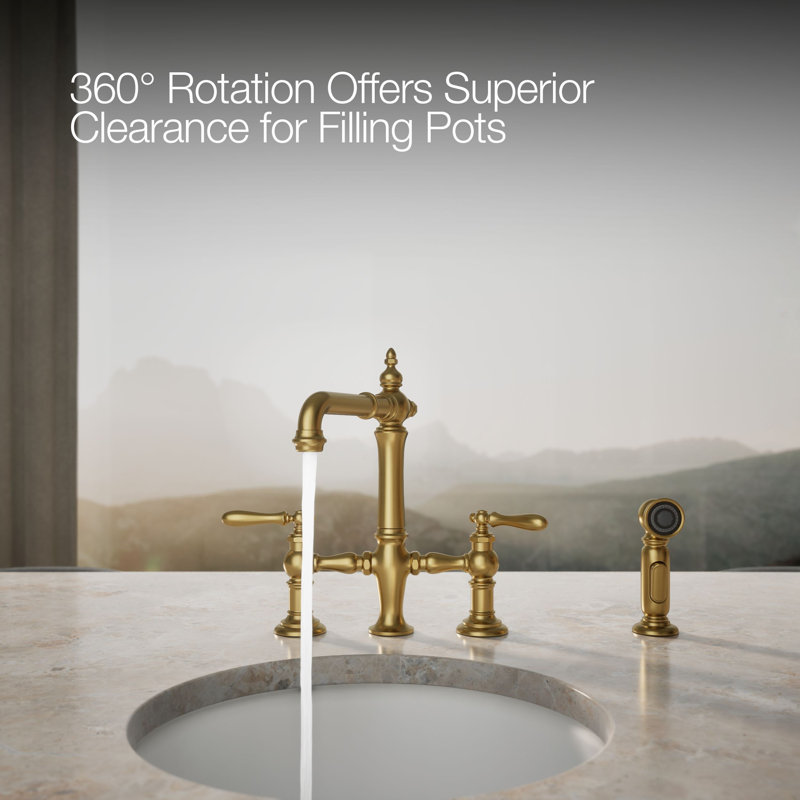 Artifacts® Bridge Faucet with Side Spray, Vibrant Brushed Moderne Brass, Lever Handle