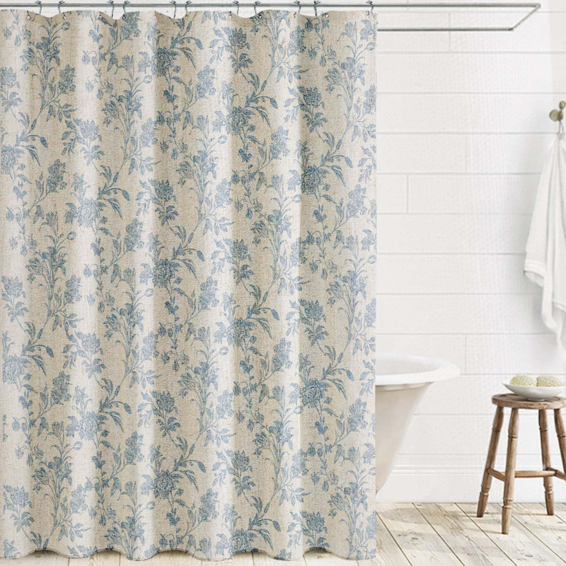 Rideau de douche bleu à motif floral en lin et coton Cottagecore