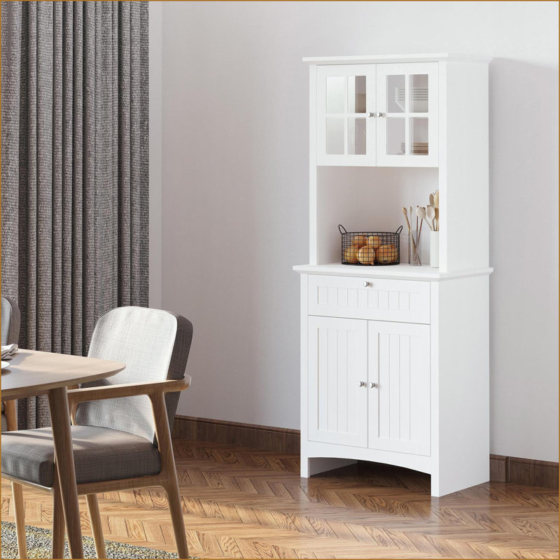 Buffet de cuisine, blanc campagne moderne | Portes vitrées encadrées, espace pour micro-ondes | Fabrication en panneau de fibres à densité moyenne