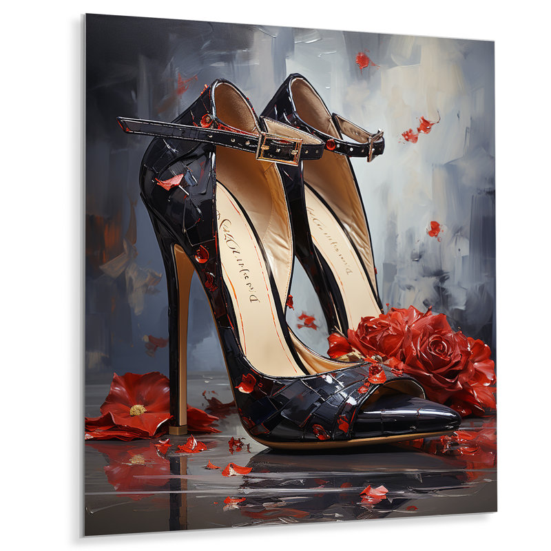 Élégance florale noire et rouge à talons hauts - mode, talons hauts, art mural en métal, H 40 po x l 30 po x P 1,5 po