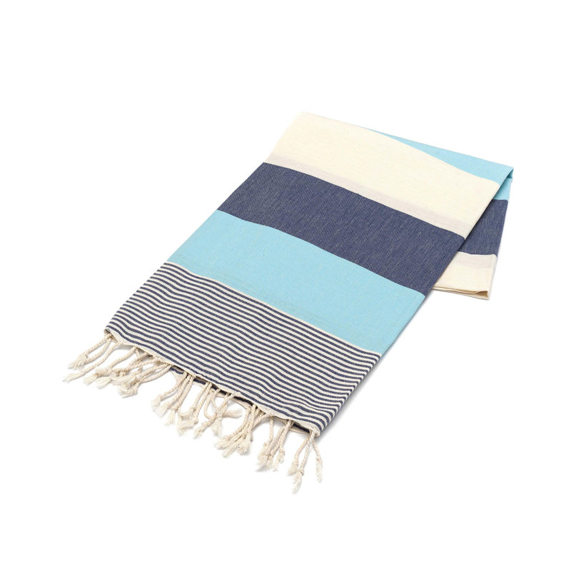 Serviette de plage 100% coton Clery, Bleu marine / écru / menthe
