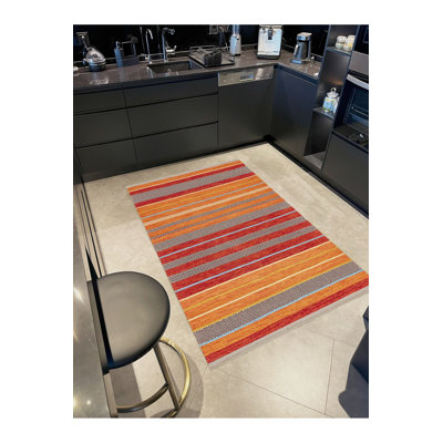 Machine Washable  Orange Red Toned Striped Line Patterned Modern Decorative Rug