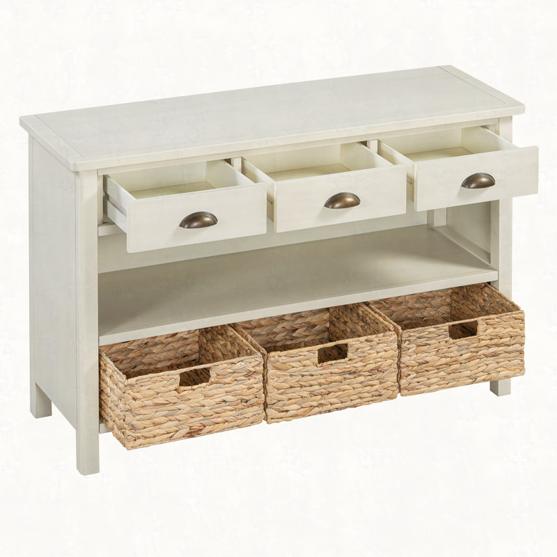 Console rétro avec paniers tissés jacinthe d'eau, Blanc antique