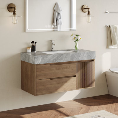 36"Wall-Mounted Bathroom Vanity with Sintered Stone Top, Drawers and Cabinet Storage