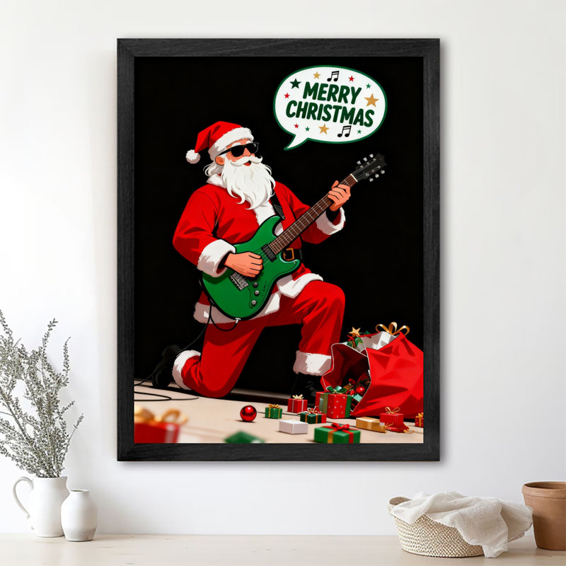 Art encadré noir «Merry Christmas», père Noël jouant de la guitare électrique, impressions encadrées de style rétro