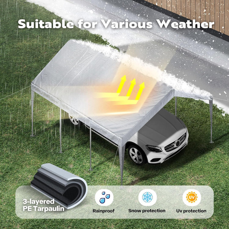 20 ft. White PE Fabric Carport Replacement Canopy Cover