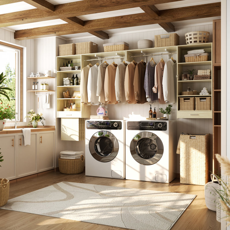 60'' Closet System with Tower Shelves for Walk-In Closet, Laundry Organizer With Hanging Rods, Washed Oak