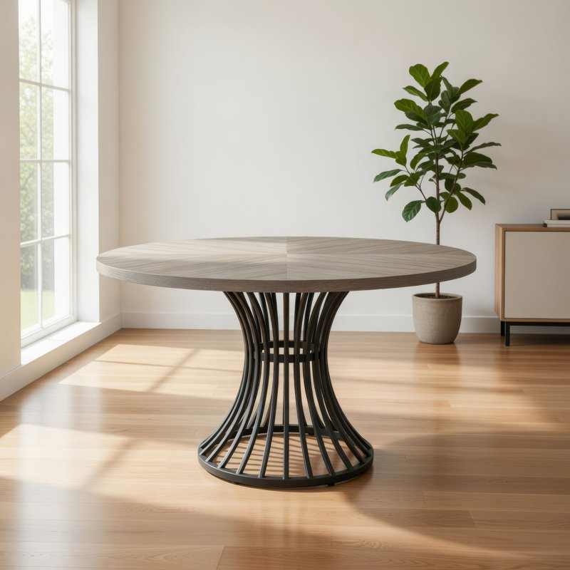 47-Inch Round Farmhouse Dining Table with Hourglass Metal Base, Grey Wood Finish for Modern Rustic Interiors, Gray, Black