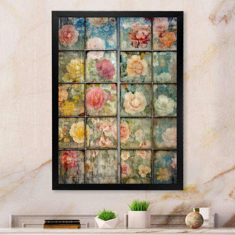 Élégant collage rétro de roses en fleurs, H 40 po x l 30 po x P 1,5 po, Cadre simple noir