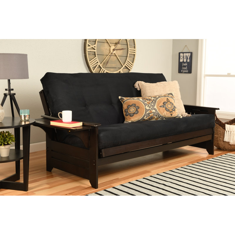 Futon double avec matelas Johnte, Suède suédine microsuède noir, Espresso, Premium Pocket Coil