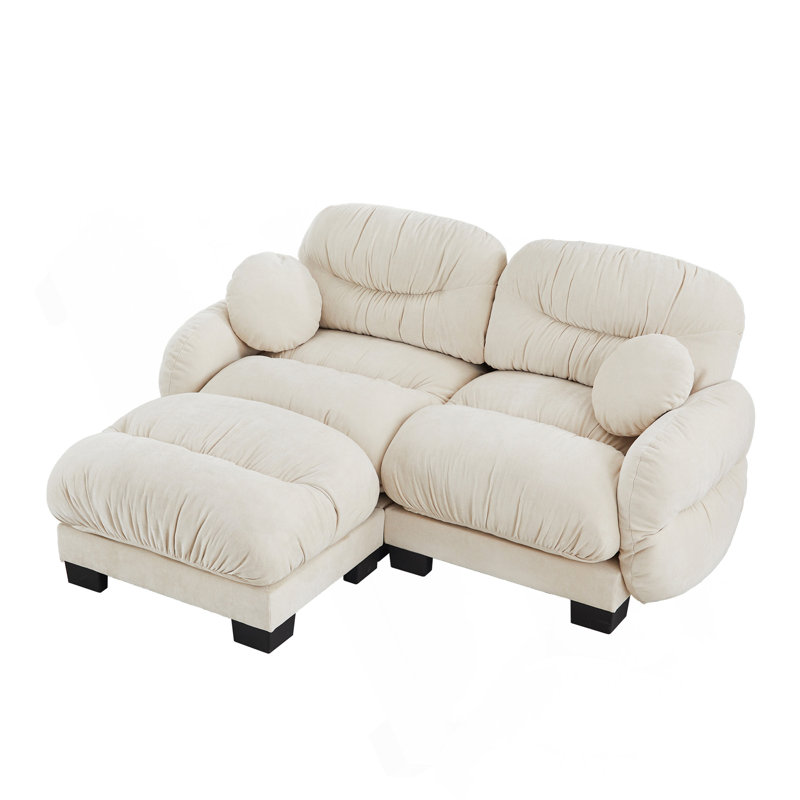 Canapé modulaire confortable à 2 places en tissu de chenille plissé avec siège ergonomique en mousse haute densité, canapé modulaire en forme de L avec repose-pieds, accoudoirs arrondis arrondis et 2 coussins décoratifs ronds, beige