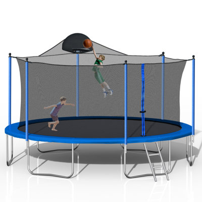 14FT Trampoline For Adults & Kids With Basketball Hoop, Outdoor Trampolines W/Ladder And Safety Enclosure Net For Kids And Adults