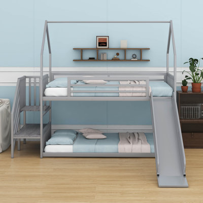 Twin Size Low House-Shape-Bed With Slide And Staircase, Metal Bunk Bed House Bed by Latitude Run