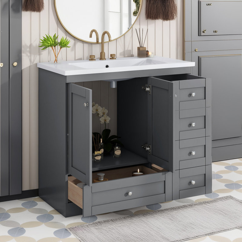 Armoire de salle de bain avec lavabo, 4 tiroirs et 2 portes, Gris