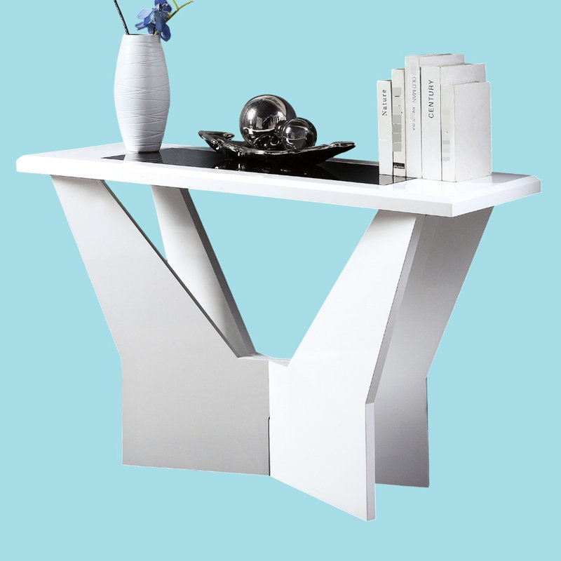 Table blanche 1pc au design contemporain avec verre trempé ultrabrillant et base géométrique, style décoratif saisissant