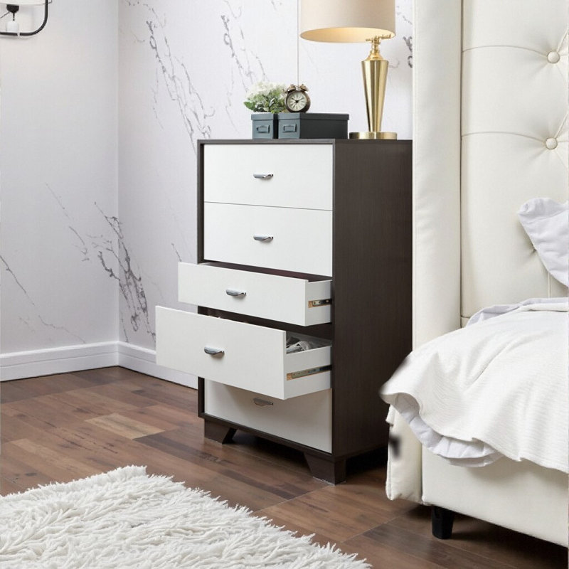 Commode de rangement moderne à 5 tiroirs - Structure en bois avec pieds en métal et tiroirs coulissants, Blanc