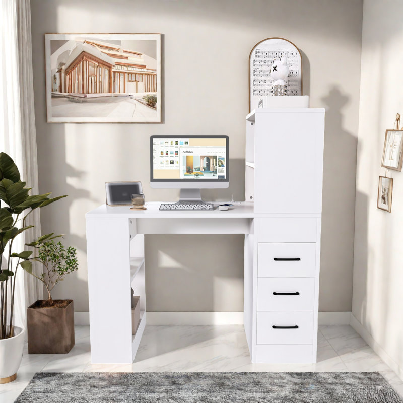 Modern Computer Desk With 4-in-1 Socket, 3 Slide Drawers And 4 Storage Levels