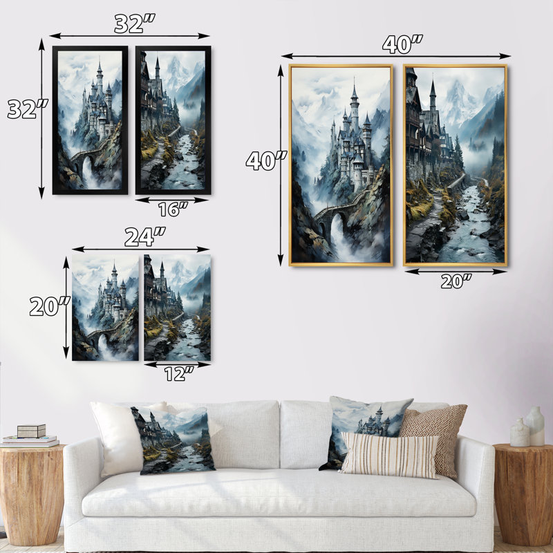 «Castles Misty Mountain Fortress», 2 pièces sur toile, Encadrement doré, H 40 po x l 40 po