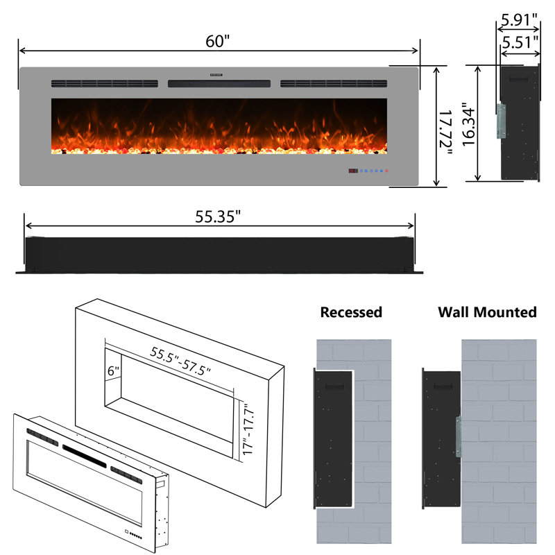 Ballari Electric Fireplace Insert with 5120 BTU, 17.7" H x 60" W x 5.9" D, Gray