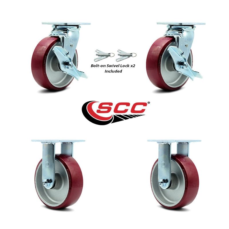 Ensemble de roulettes 6 pouces en poly avec 2 freins / verrou pivotant 2 rigides SCC / SCC-30CS620-PAB-TLB-BSL-2-R-2