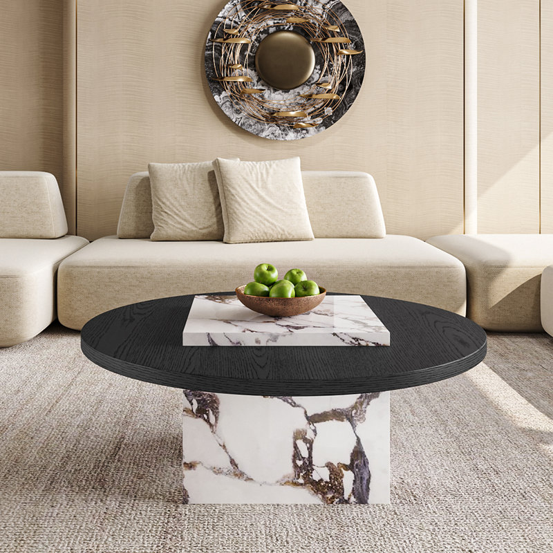 Table basse ronde 35,45 po, table basse ronde en pierre et bois avec base en pierre