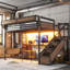 Grand lit mezzanine en métal industriel avec bureau intégré et prise de courant, bande à DEL, cadre de lit mezzanine en métal avec paniers de rangement en panneau perforé et en filet, escalier de rangement avec garde-robe, noir-132252528