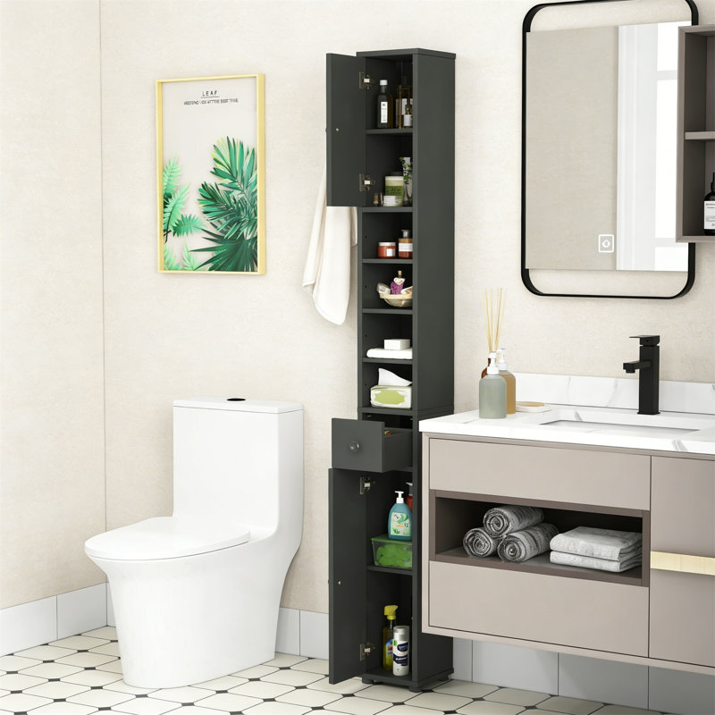 71" Tall Slim Bathroom Storage Cabinet With 2 Doors, Drawer And 5 Adjustable Shelves, Narrow Floor Tower, Grey