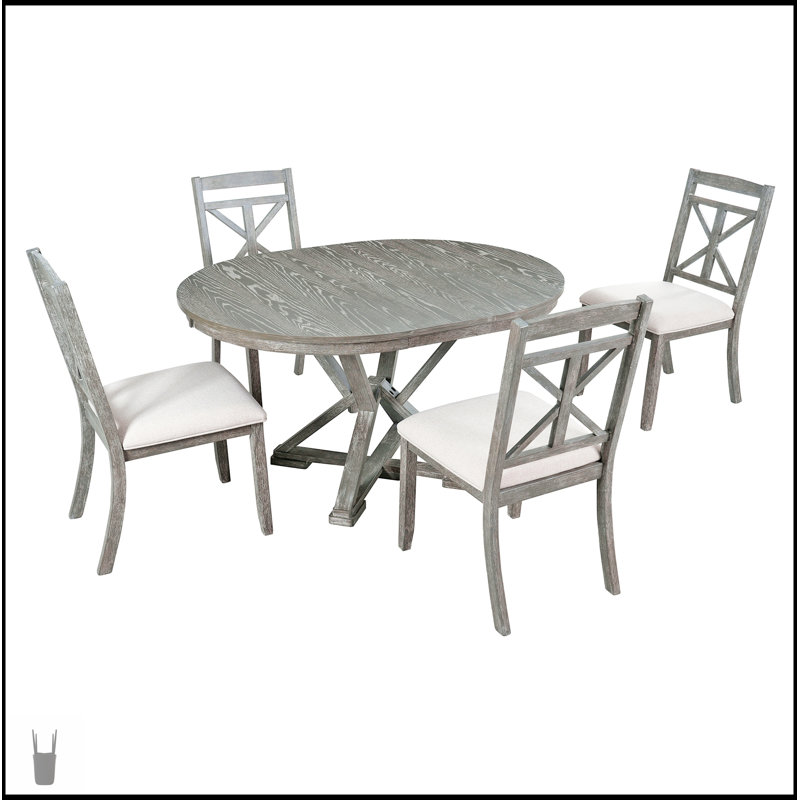 5-Piece Retro Functional Dining Table Set With Extendable Round Table And 4 Upholstered Chairs For Elegant Dining, Gray
