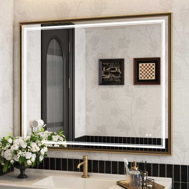 Bathroom Vanity Mirror Framed Led Bathroom Mirror Rectangle Lighted Wall Mounted Mirror Anti-Fog Dimmable 3 Frontlit (Horizontal/Vertical)