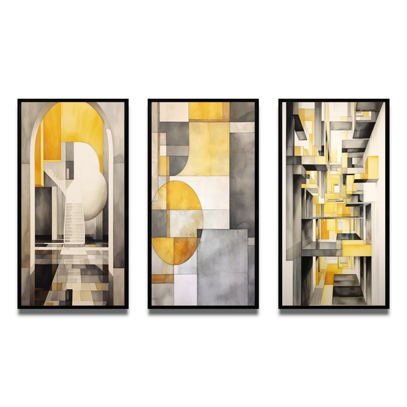 «Yellow and Gray Intersecting Realities», 3 pièces, Cadre flottant noir, H 28 po x l 36 po