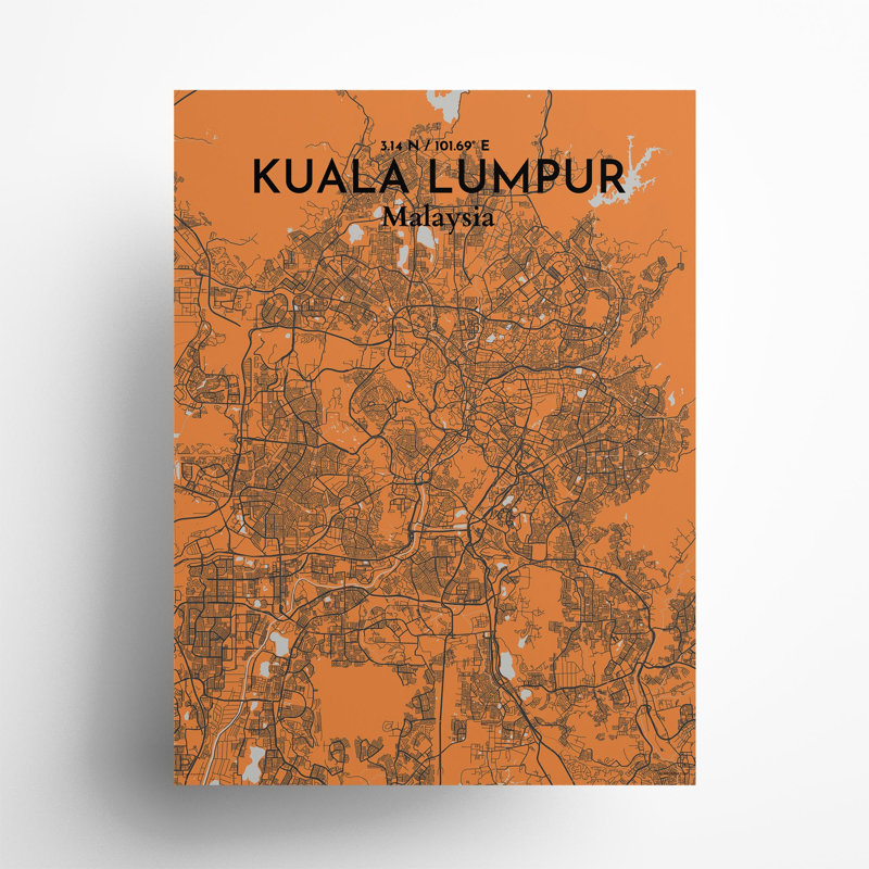 «Kuala Lumpur City Map», impression de luxe, H 24 po x l 18 po, Orange / gris