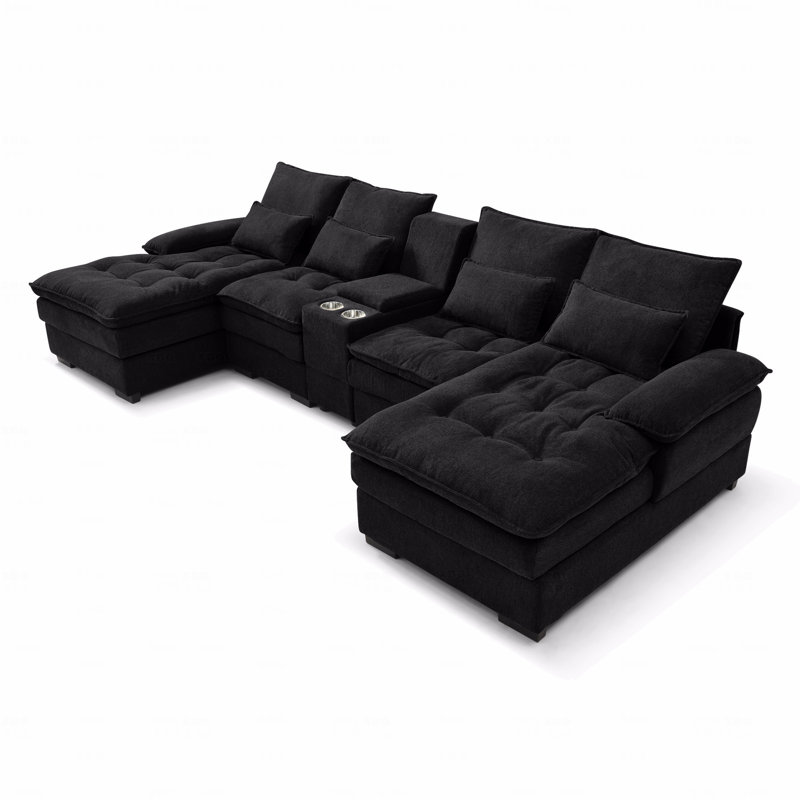 130” U-Shaped Sofa with Console & Cupholders – 4-Seat Upholstered Sleeper Couch Set, Black, Black