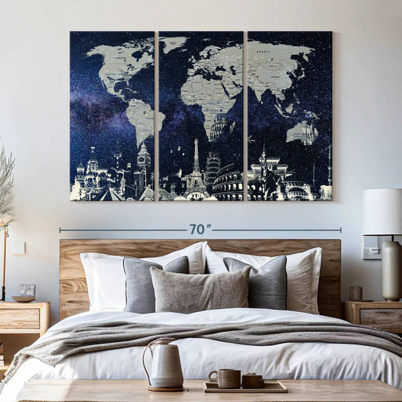 Carte du monde étoilé 3 pièces, H 65 po x l 42 po x P 1,25 po