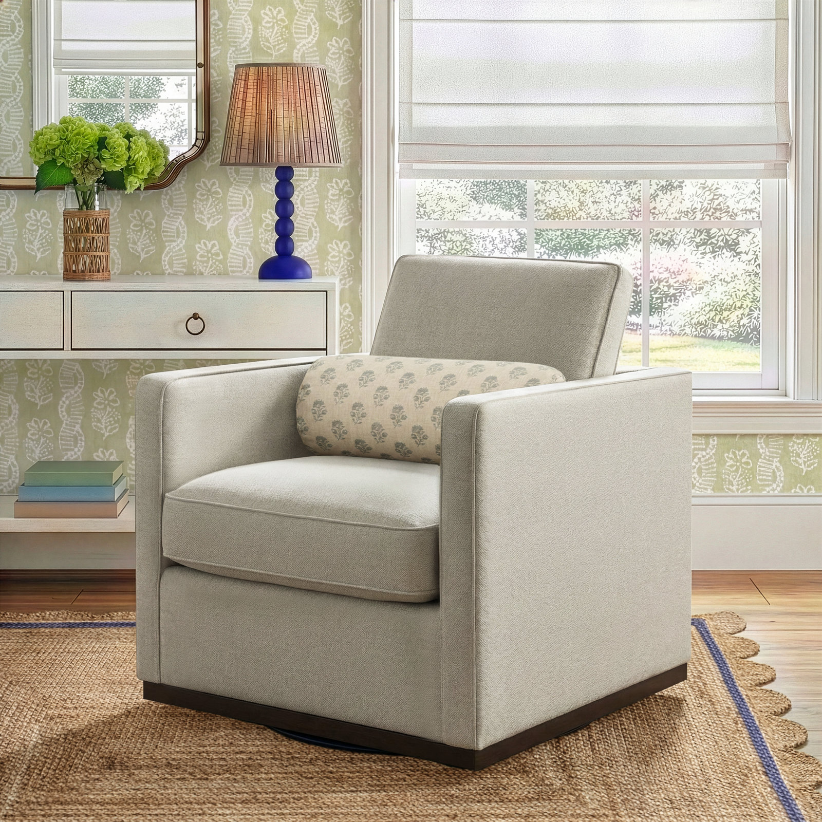 Bobbi Upholstered Swivel Armchair, Effie Linen Performance Linen