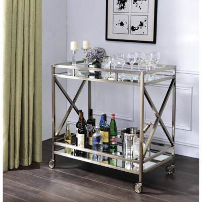 Chariot de service en miroir et or antique avec compartiment de rangement pour tablette inférieure ouverte