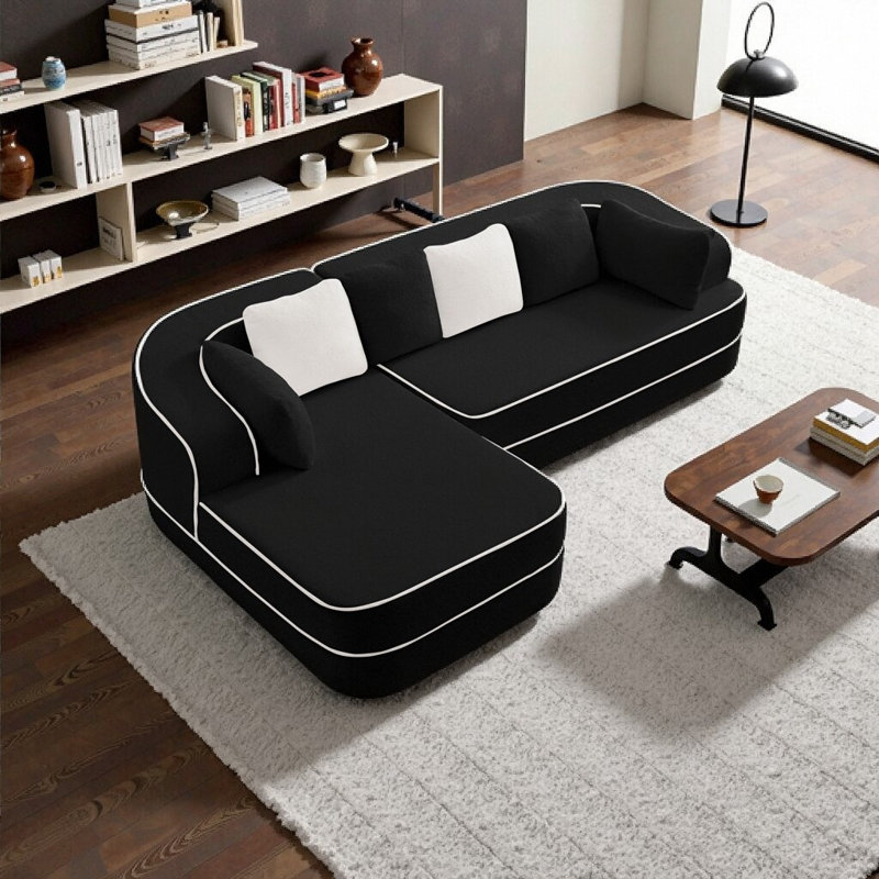 Canapé modulaire en velours avec méridienne Teddy - sans assemblage, nuage ergonomique pour le salon, Noir