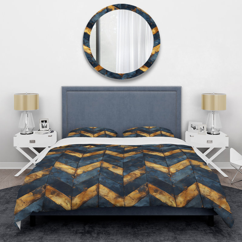 Blue Gold Chevron  Glamour V - Transitional Duvet Cover Set, King Duvet Cover + 2 King Shams